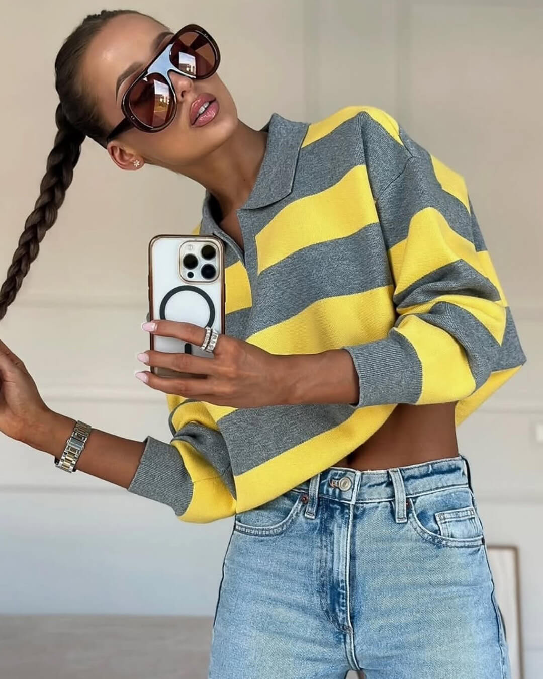 Una Striped Knitted V-Neck Pullover