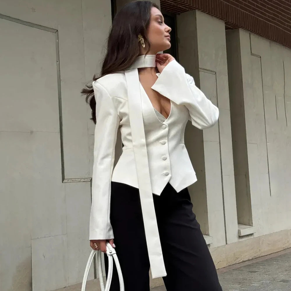 Blazer met V-hals en strik