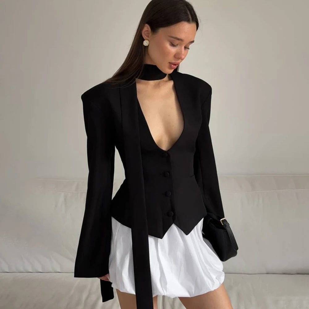 Blazer met V-hals en strik