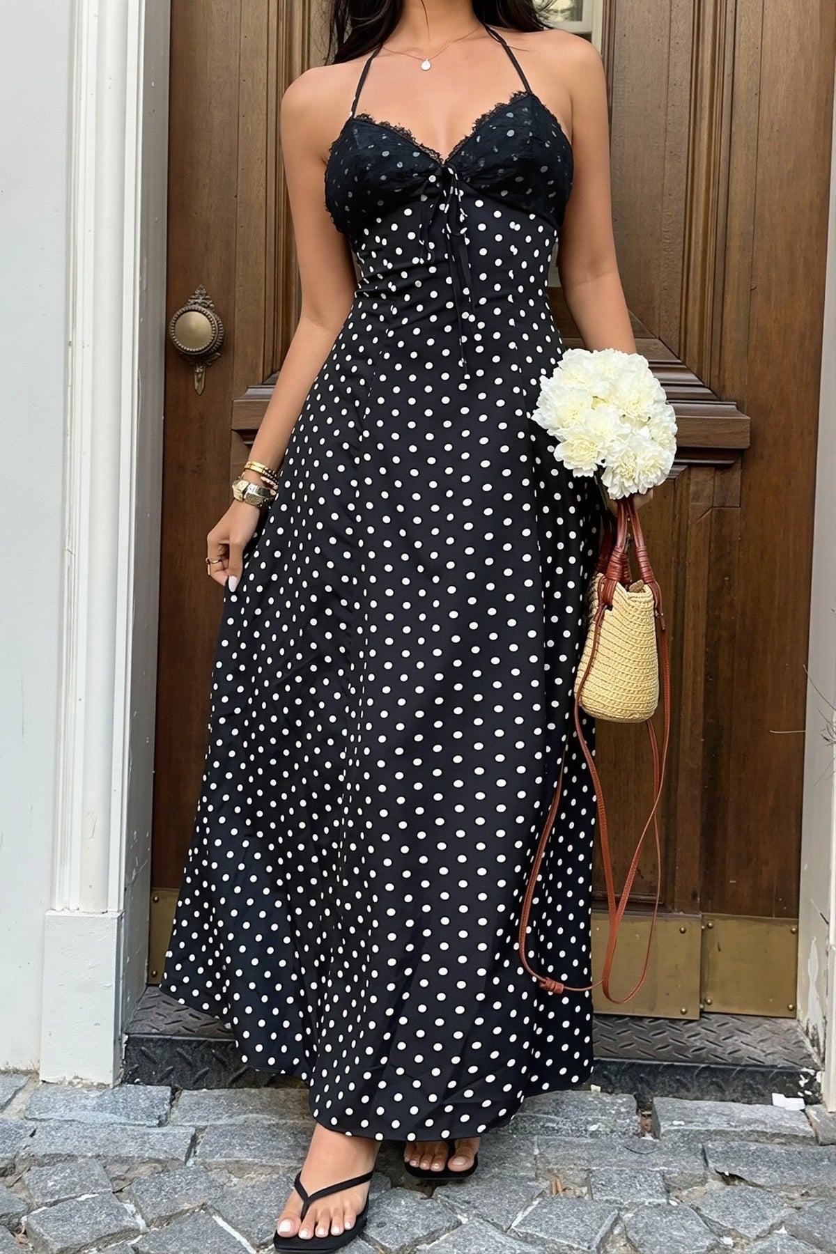 Zoe maxi-jurk met halternek en stippen