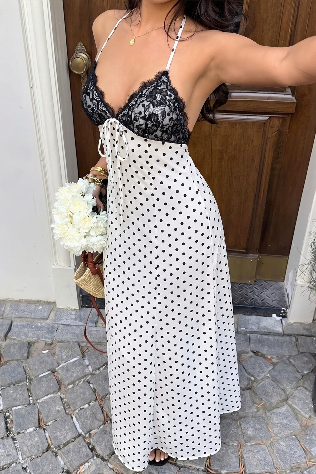 Zoe maxi-jurk met halternek en stippen