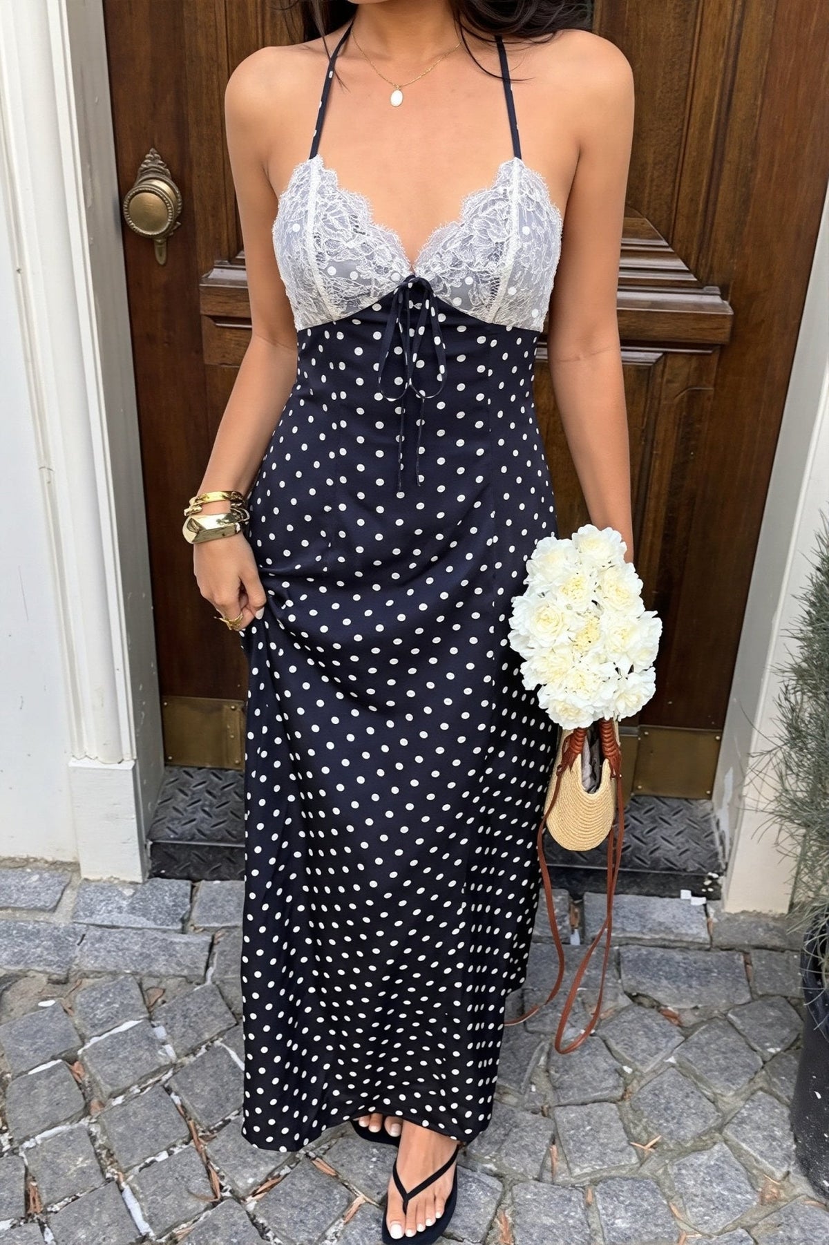 Zoe maxi-jurk met halternek en stippen