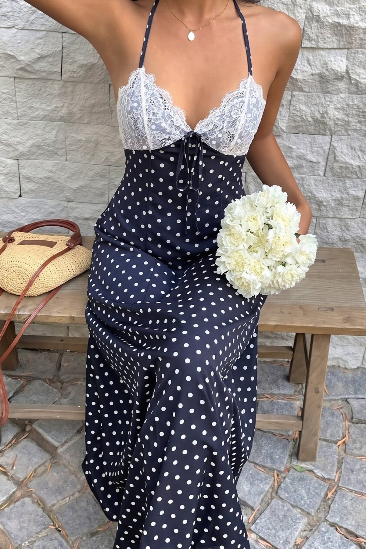 Zoe maxi-jurk met halternek en stippen