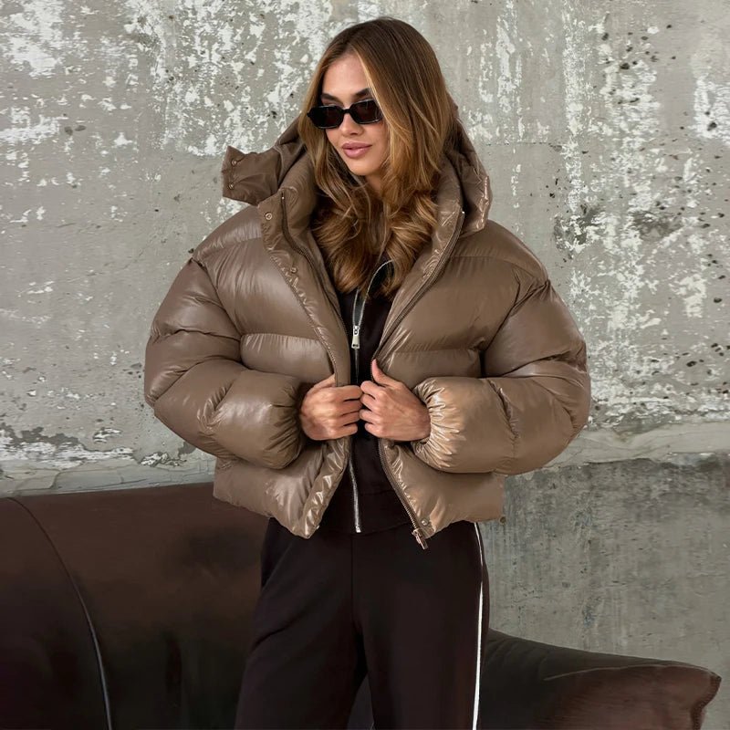 Mette Glossy Hooded Puffer Jacket in mocha brown – styled look