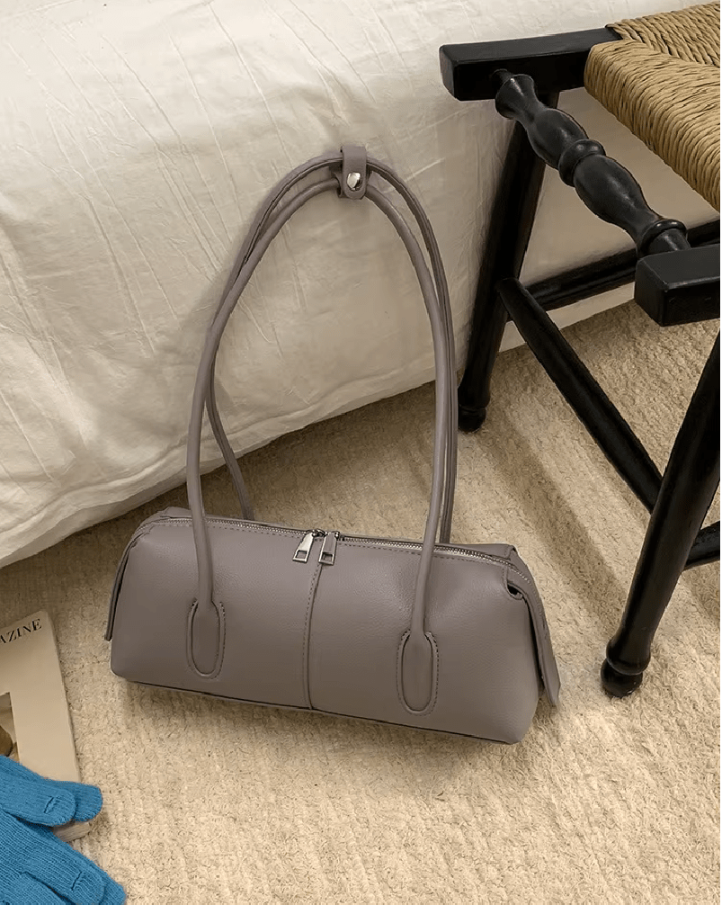 Mira Cylinder Shoulder Bag in taupe grey – styled look