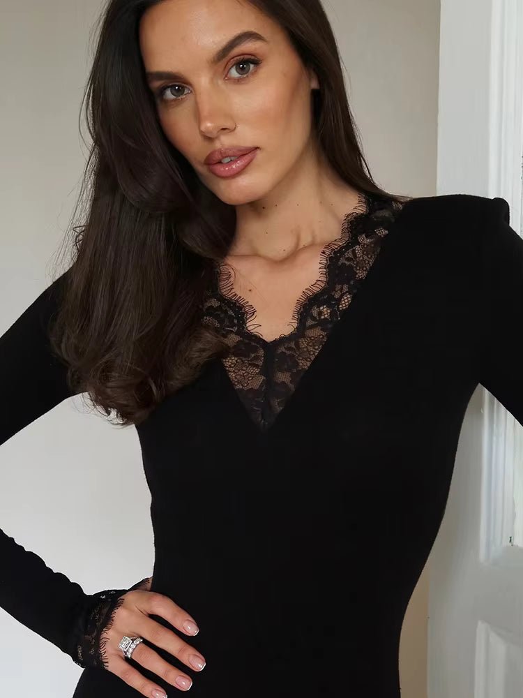 Noor Lace-Trim Long Sleeve Mini Dress in black – styled look