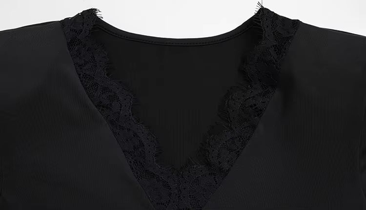 Noor Lace-Trim Long Sleeve Mini Dress in black – detail