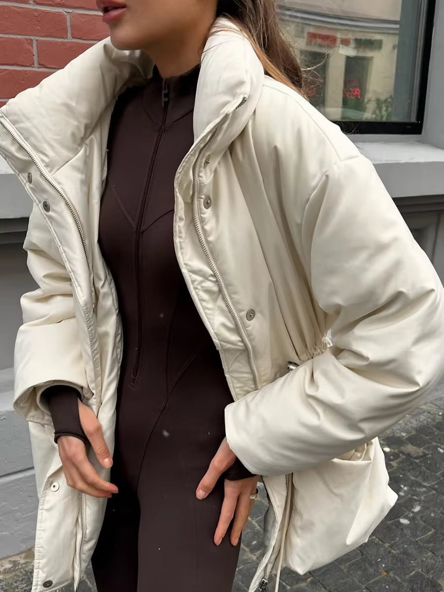 Oda Stand-Collar Padded Coat in ivory – styled look