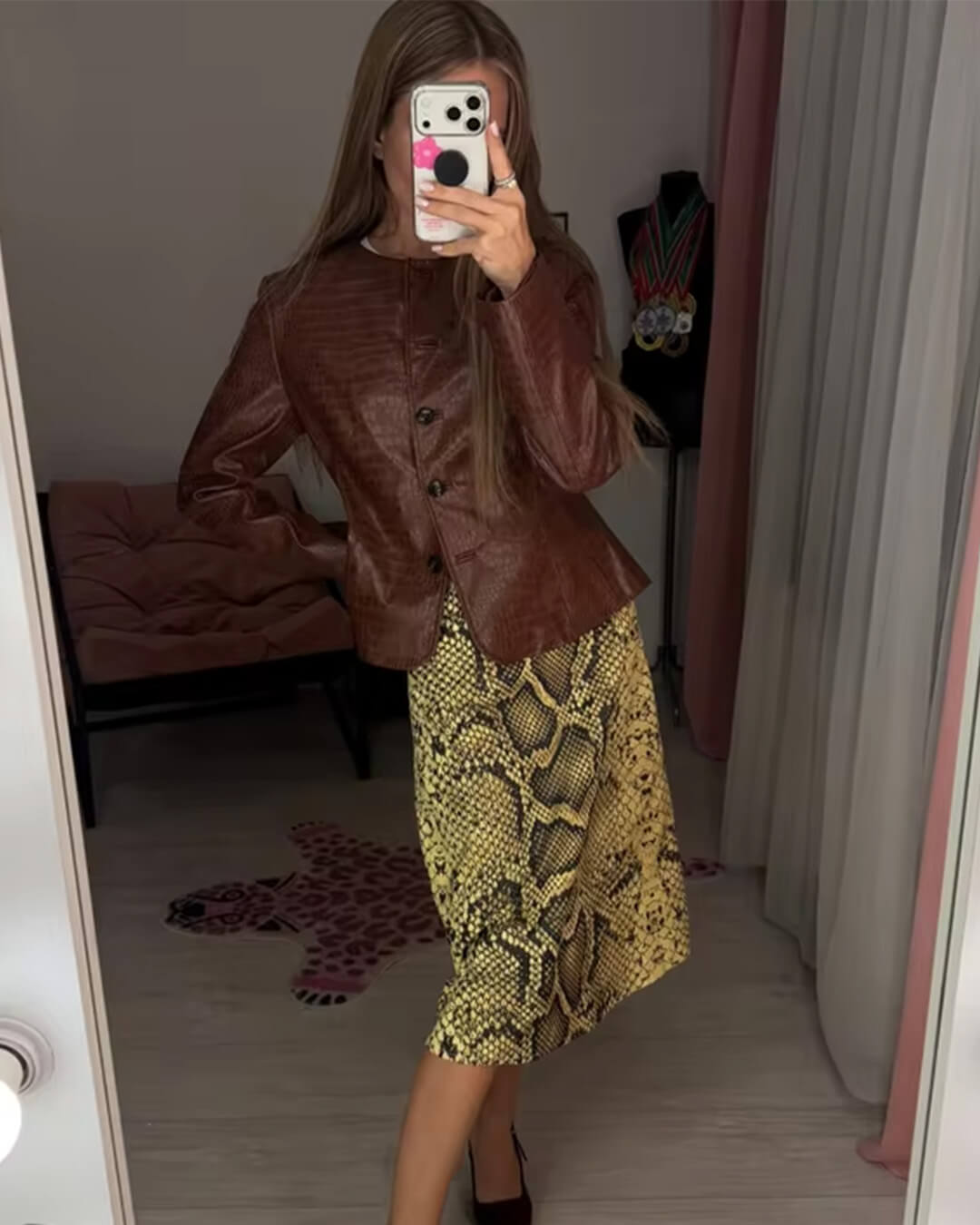 Ragna Croc-Effect Faux Leather Jacket in brown – styled look