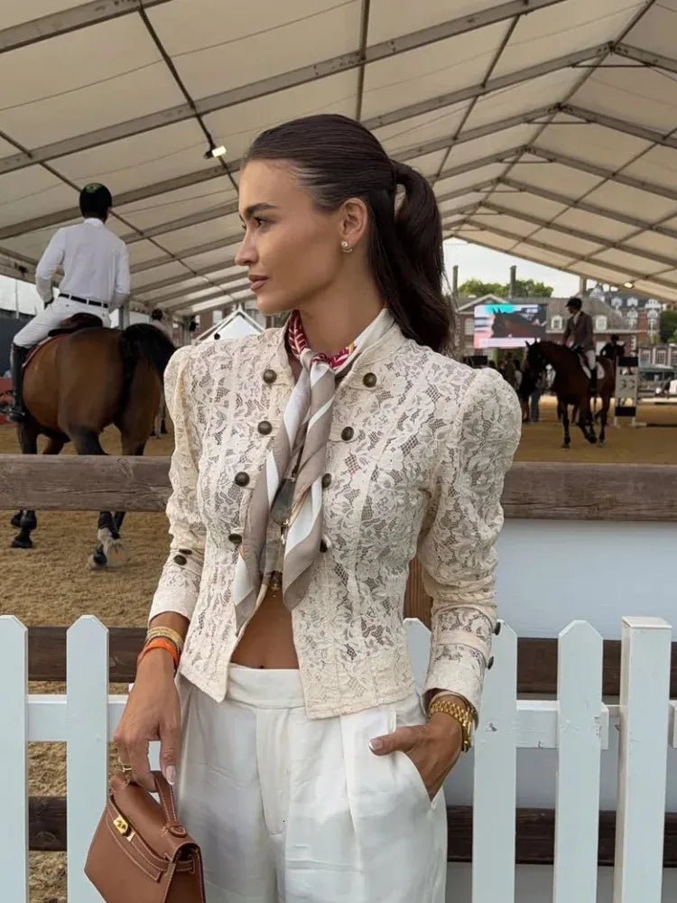 Selma Sheer Lace Patchwork Jacket in cream – styled look