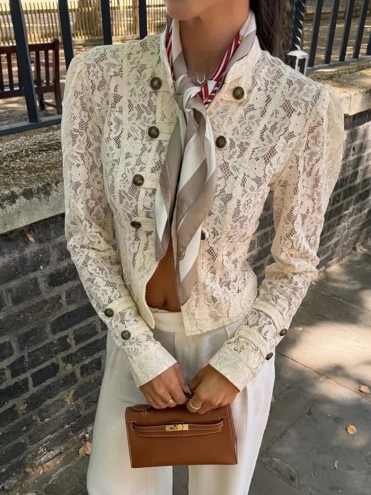 Selma Sheer Lace Patchwork Jacket in cream – styled look