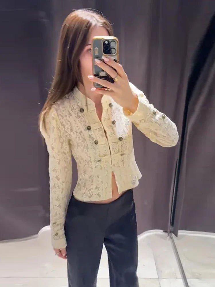 Selma Sheer Lace Patchwork Jacket in cream – styled look