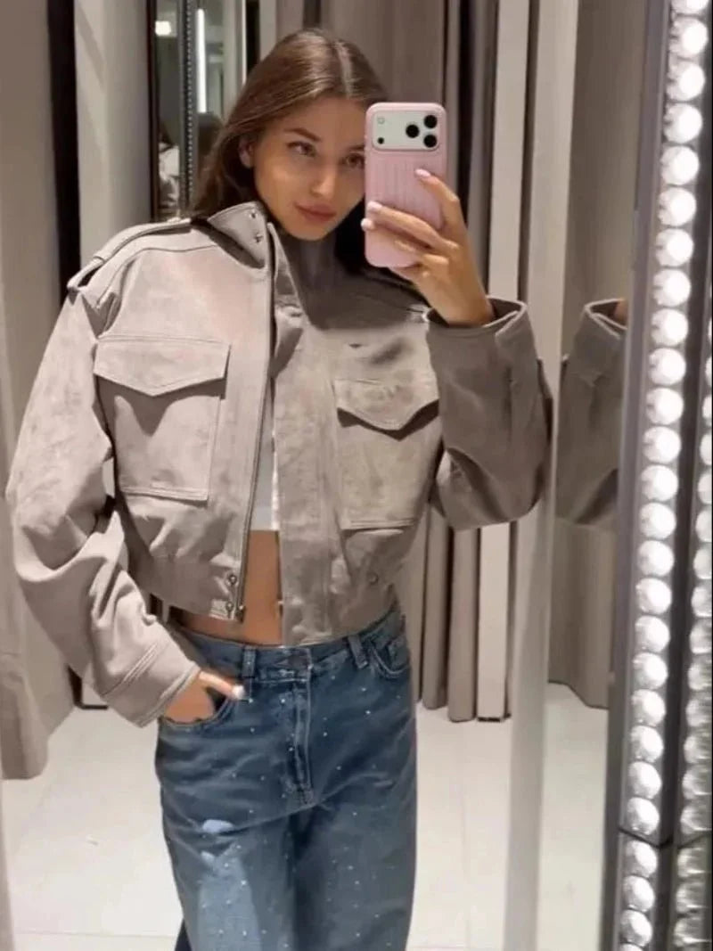 Sigrid Faux Suede Utility Jacket in grey – styled look