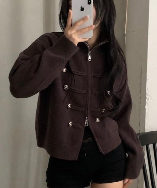Sofie Turtleneck Zip Knit Cardigan in brown – styled look