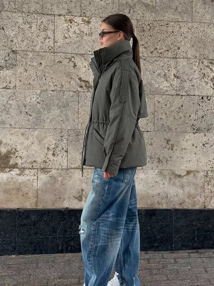 Sunniva Drawstring-Waist Puffer Parka in olive green – styled look