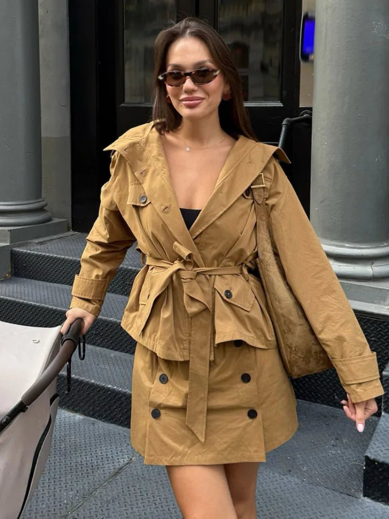 Tilde Belted Jacket & Skort Co-ord in camel – styled look
