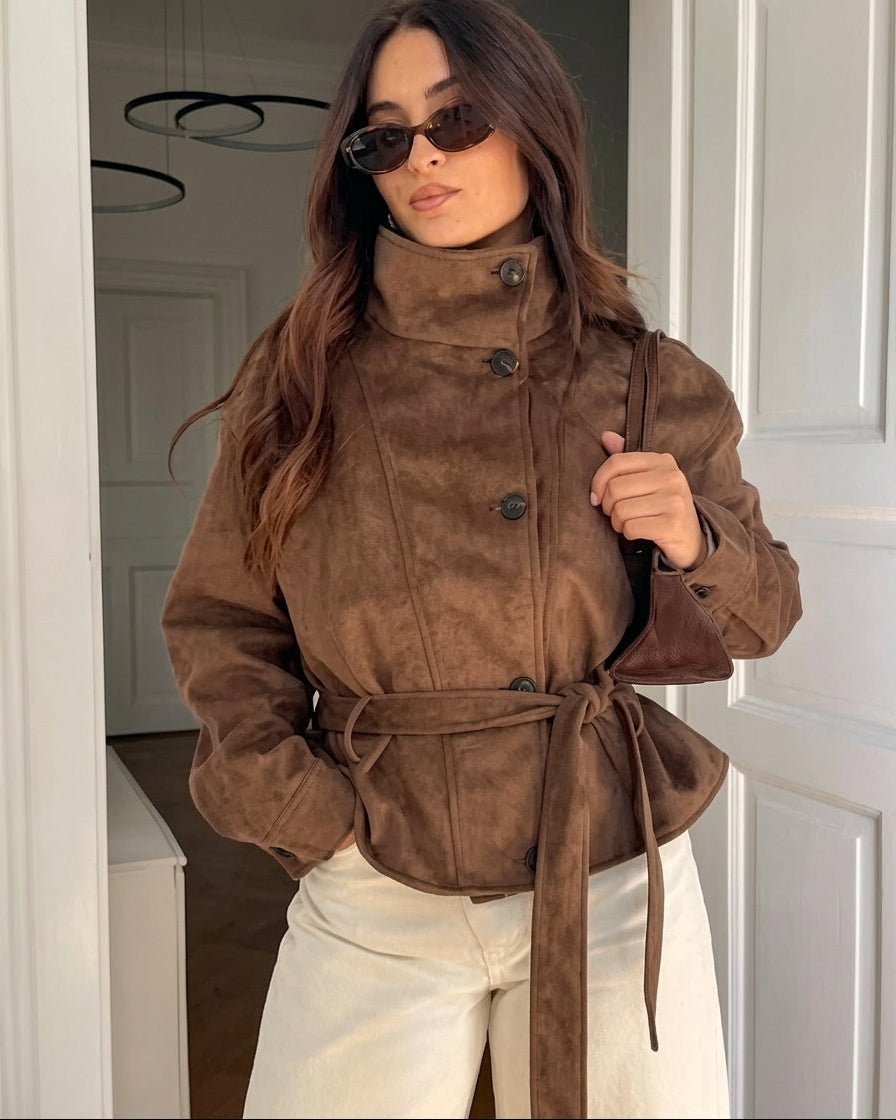 Vilde Lace-Up Faux Suede Jacket in chocolate brown – styled look